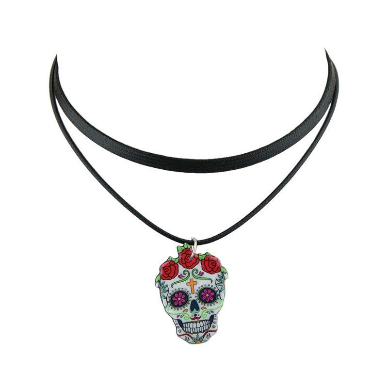 

PU Leather Crucifix Skull Flower Choker Necklace, Black