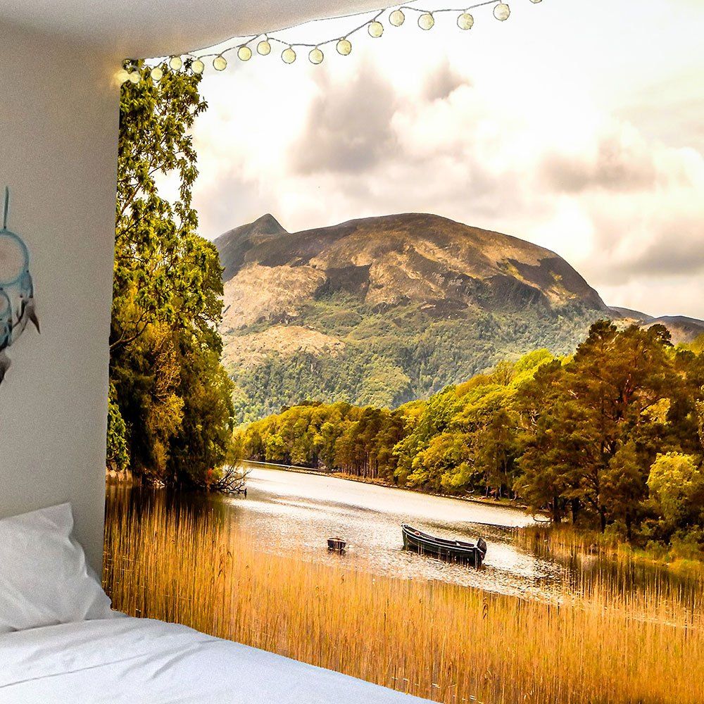 

Lake Boat Forest Mountains Waterproof Hanging Tapestry, Colorful