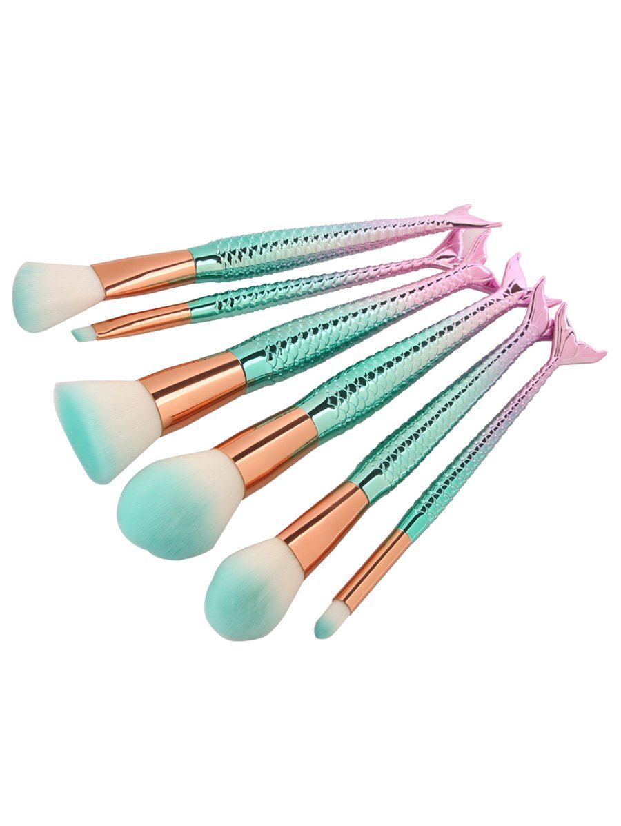 

6Pcs Facial Ombre Mermaid Design Makeup Brushes Set, Pinkish blue