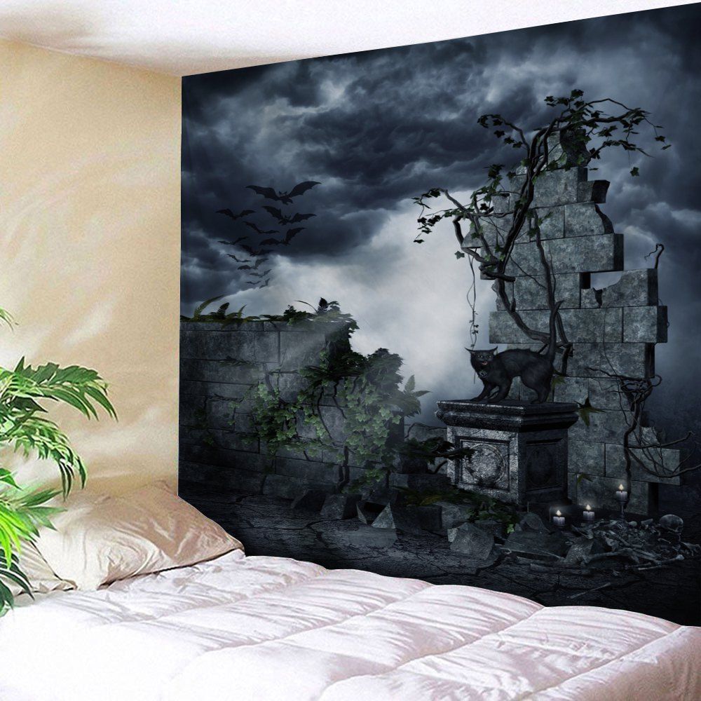 

Halloween Gruesome Night Print Wall Tapestry, Black grey