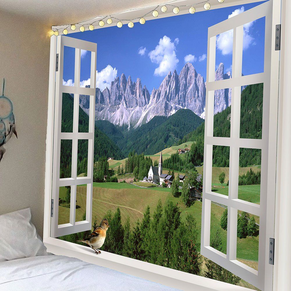

Window Landscape Waterproof Hanging Wall Tapestry, Green
