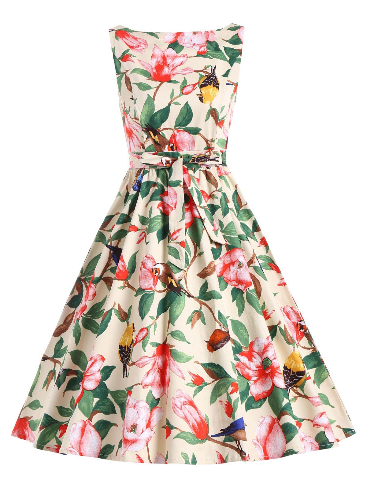 [35% OFF] Floral Belted Vintage A Line Dress | Rosegal