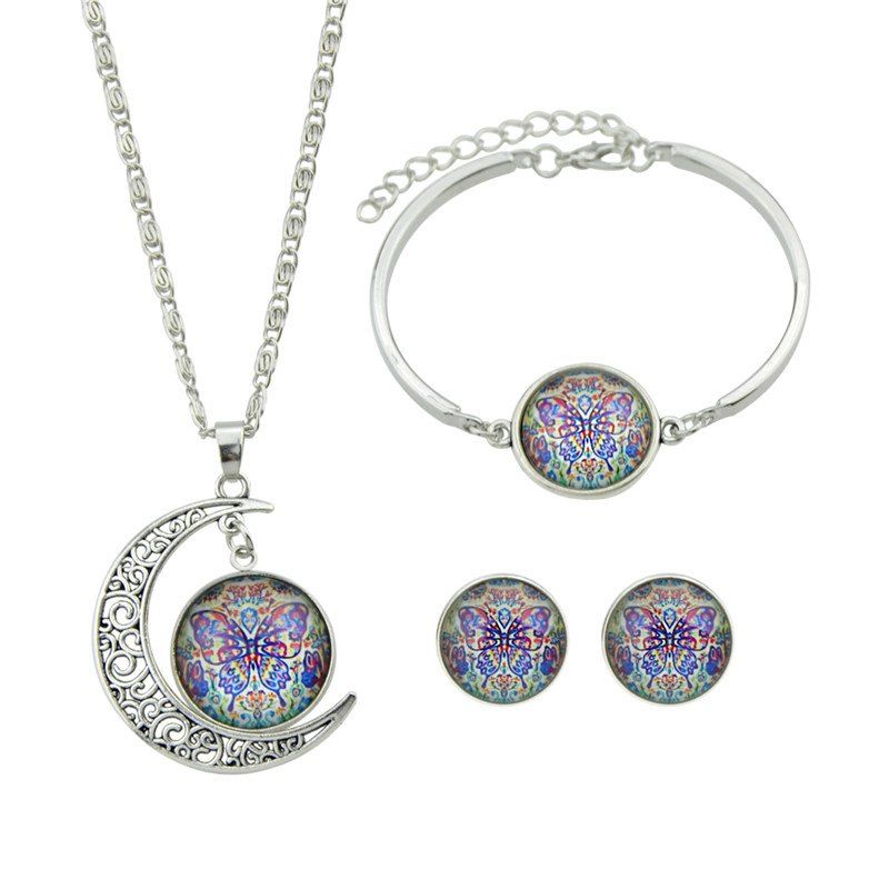 

Butterfly Pattern Moon Necklace Bracelet Earrings, Silver