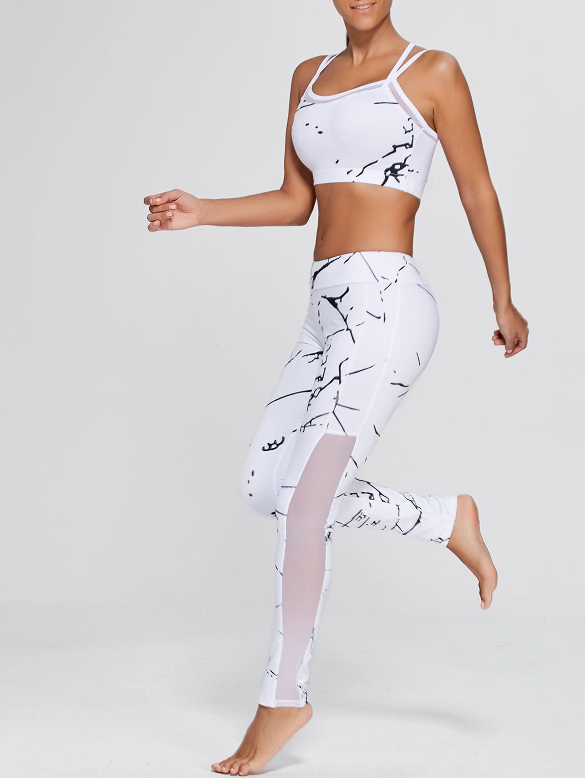 

Straps Bra and Workout Mesh Panel Leggings, White