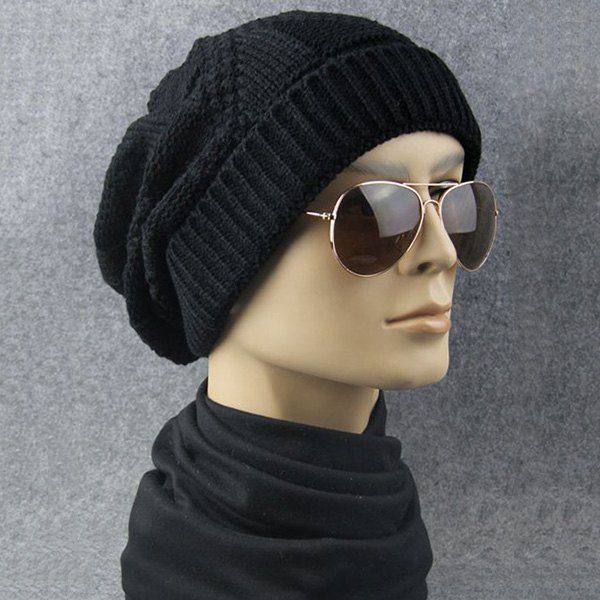 

Trangle Stripe Knitted Folding Beanie, Black