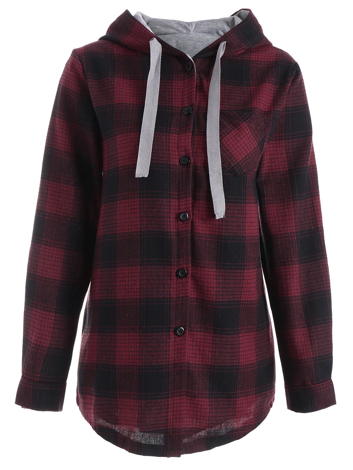 

Button Up Pocket Plaid Plus Size Hoodie, Red