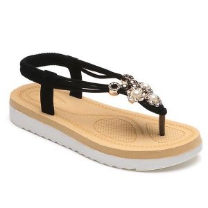 Elastic Faux Pearls Flat Heel Sandals