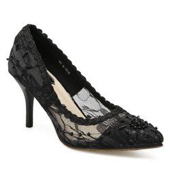 Lace Beading Pointed Toe Pumps