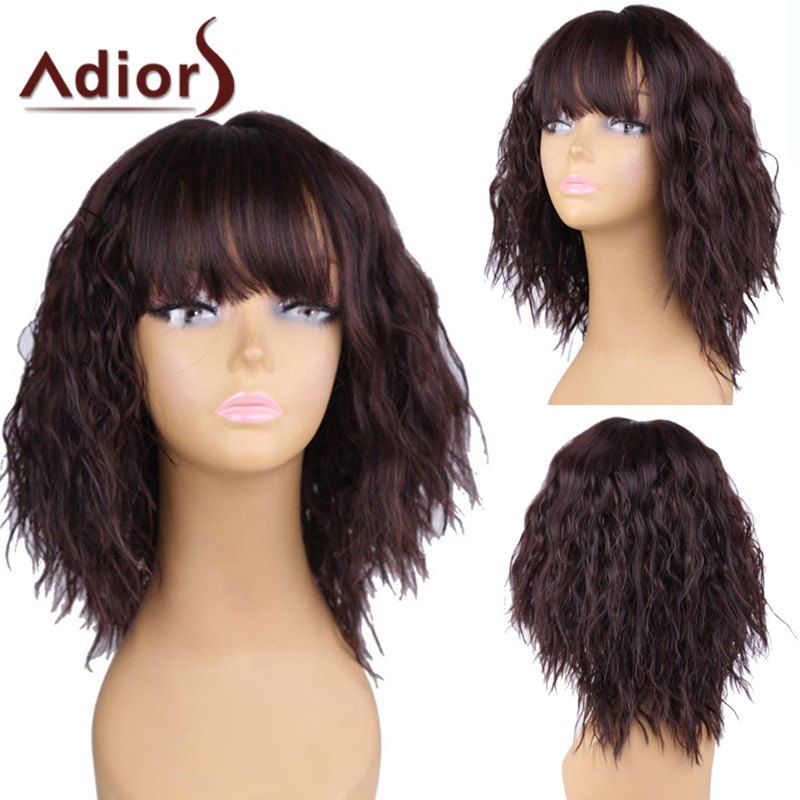 

Adiors Short Neat Bang Shaggy Natural Wave Bob Synthetic Wig, Brown