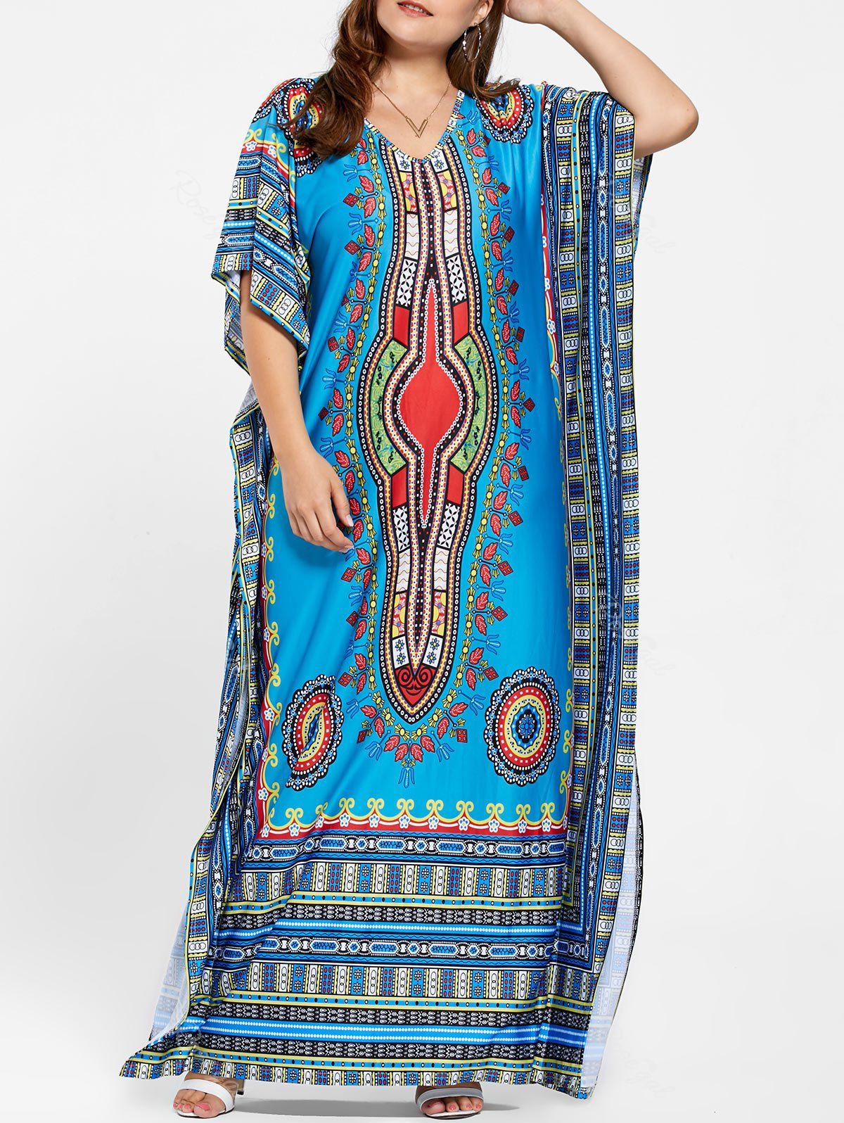 

Tribal V Neck Plus Size Long Kaftan Dress, Blue