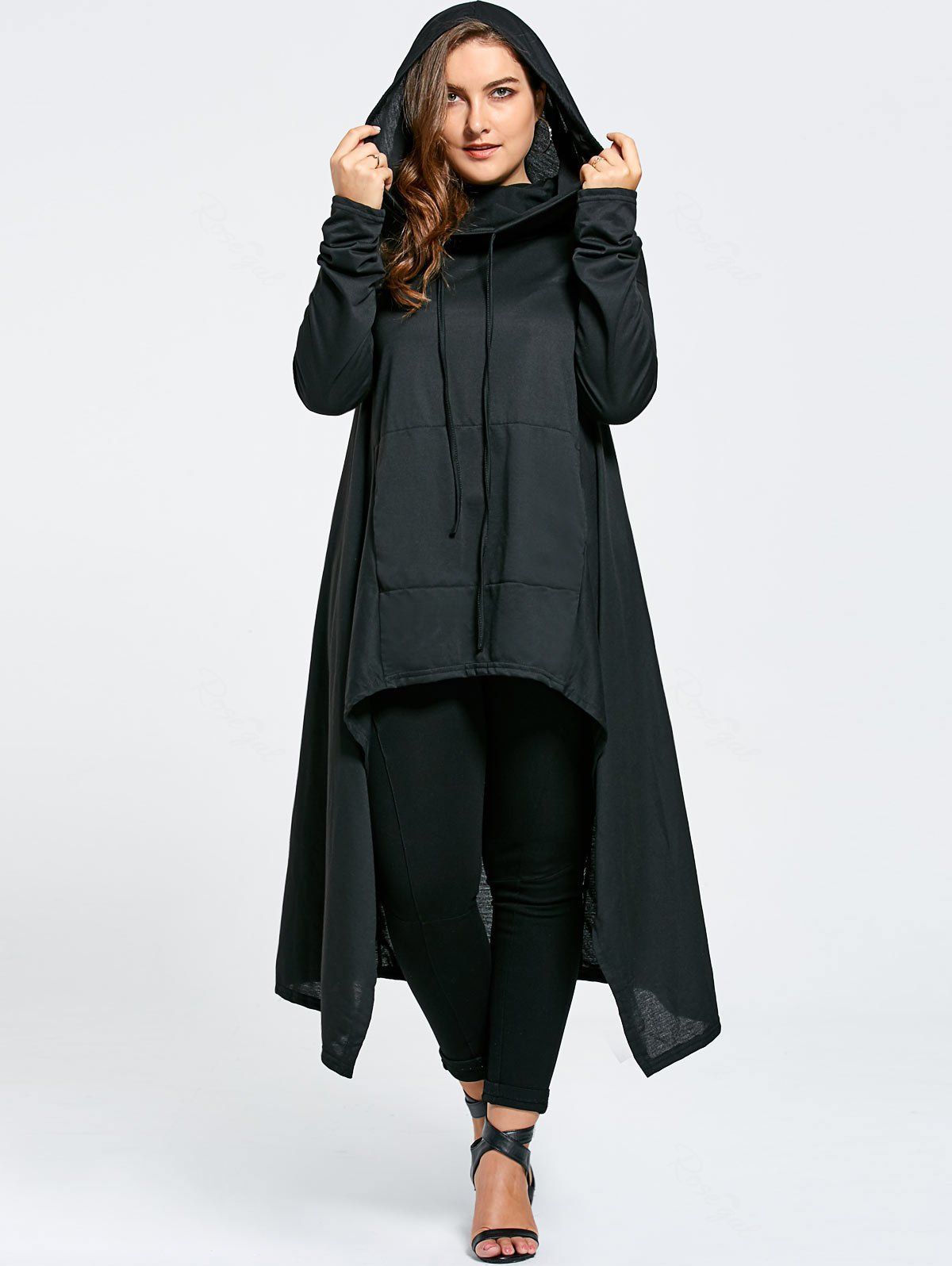 2018 Plus Size Maxi Asymmetric Funnel Collar Hoodie In Black 8xl ...