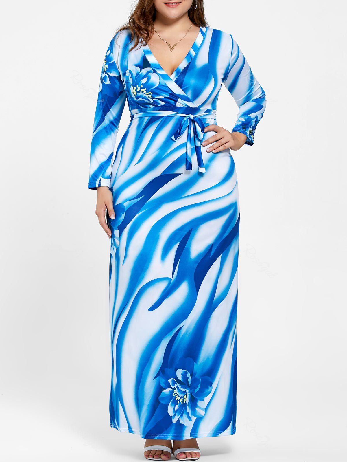 

Plus Size Surplice Long Sleeve Print Pattern Dress, Blue