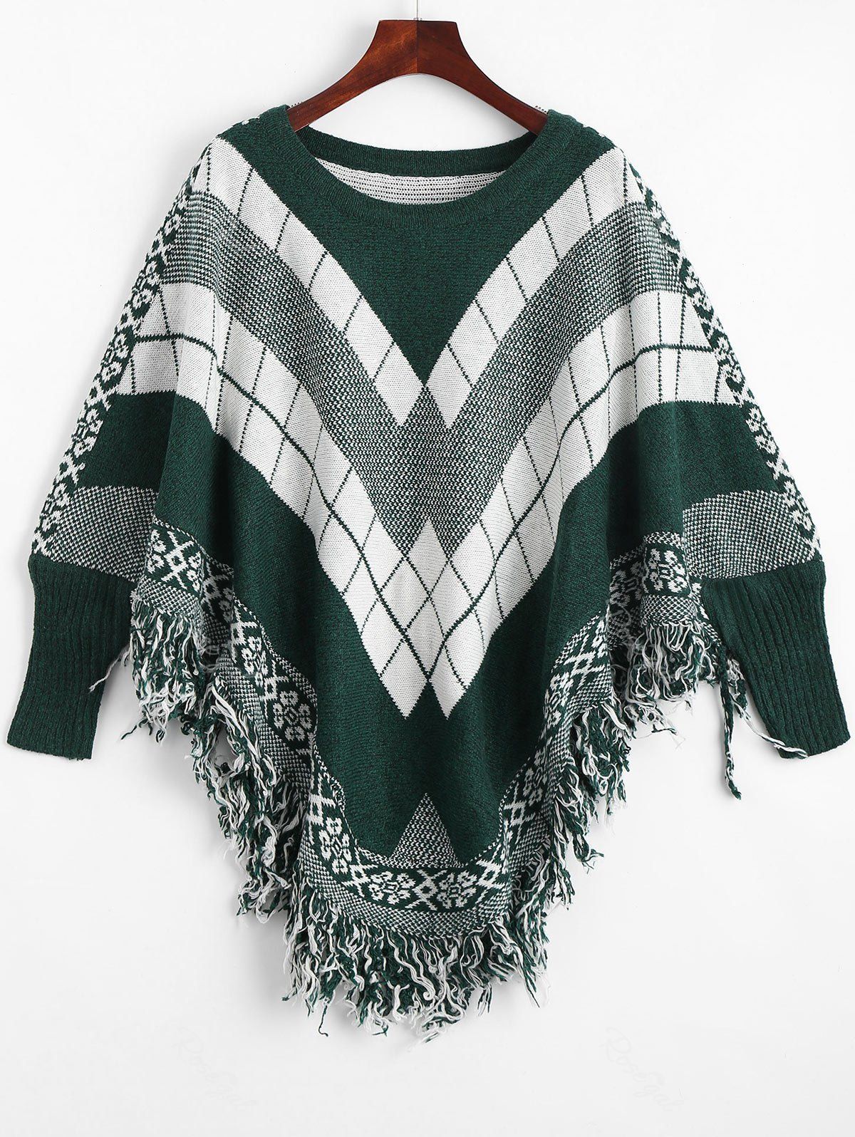 

Fringed Geometric Poncho Plus Size Sweater, Blackish green