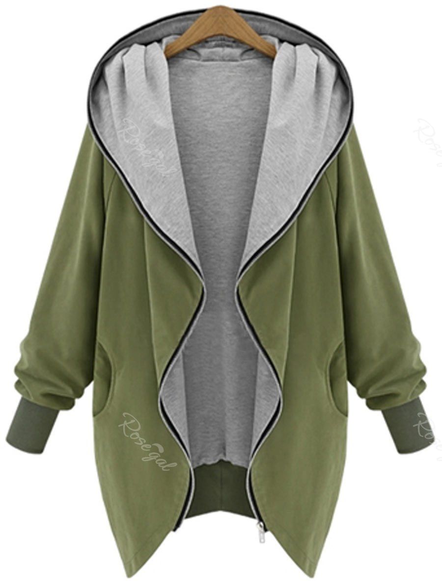 

Hooded Plus Size Zip Up Coat, Army green