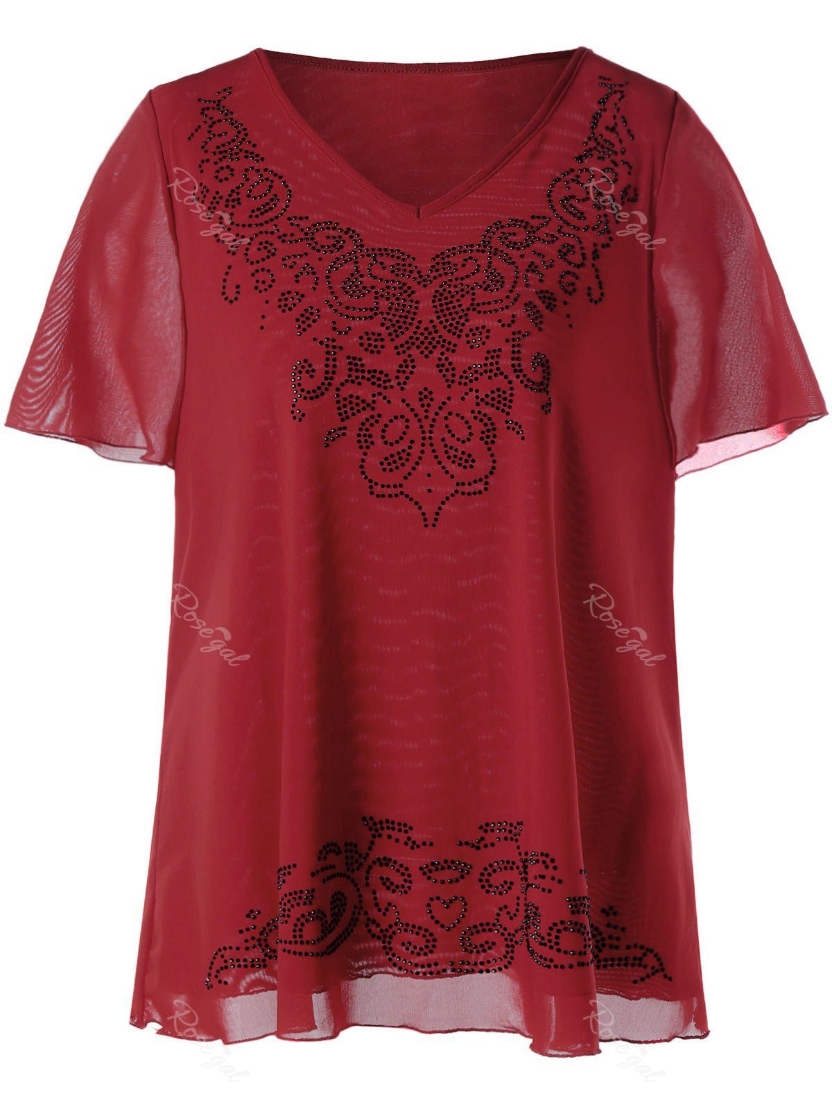 

Plus Size V-neck Rhinestone Embellished Top, Red