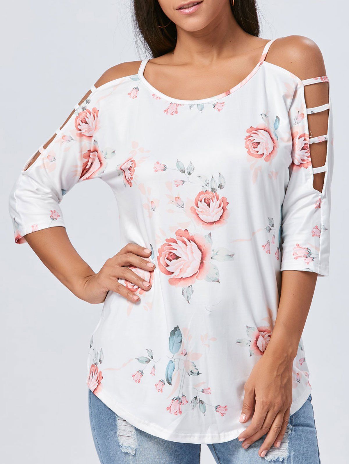 

Cold Shoulder Floral Cut Out T-shirt, White