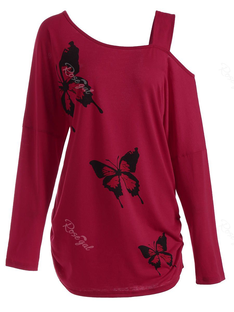 

Butterfly Skew Neck Drop Shoulder Plus Size Top, Red