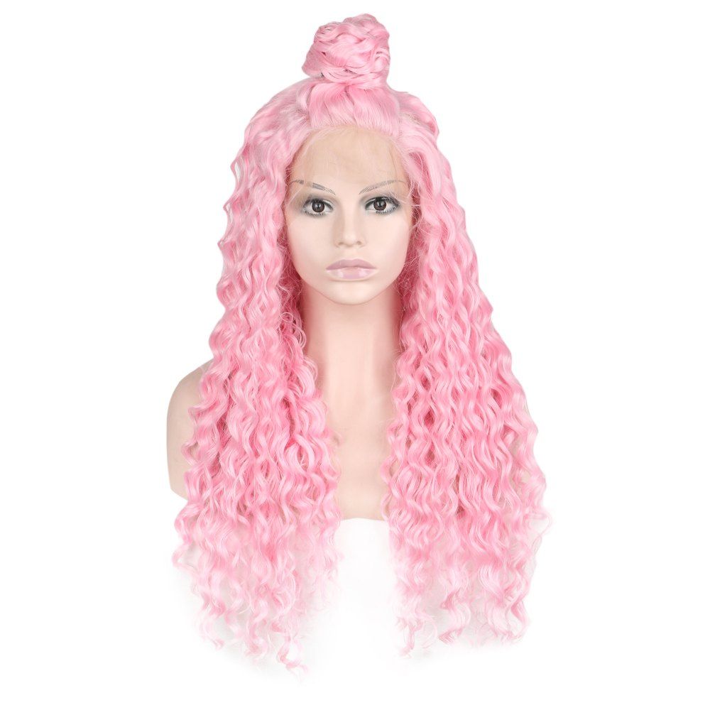 

Women Trendy Free Part Fluffy Long Curly Lace Front Synthetic Wig, Pink