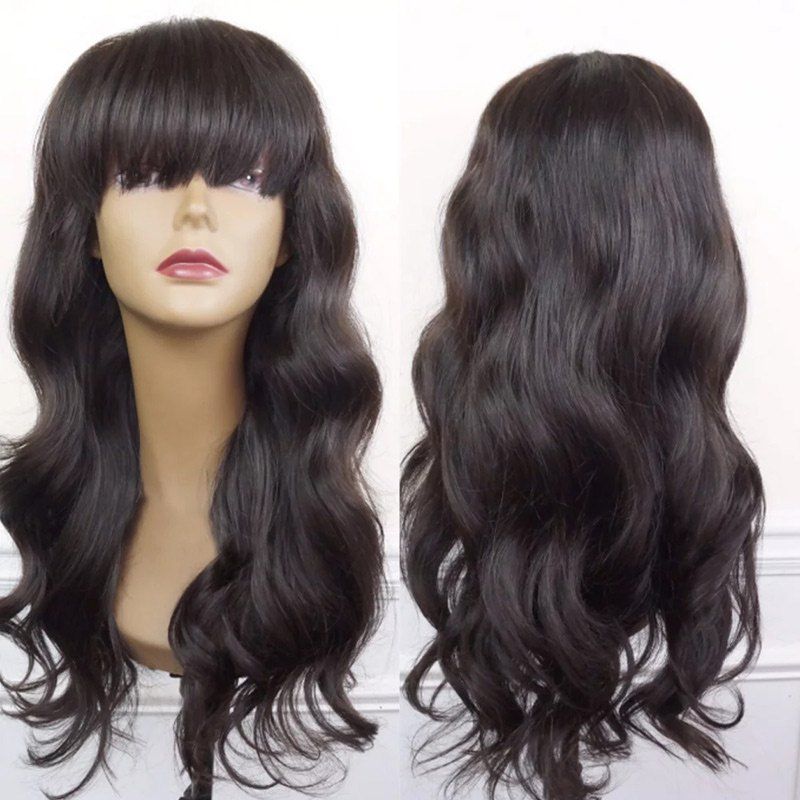 

Long Neat Bang Body Wave Synthetic Wig, Black and brown