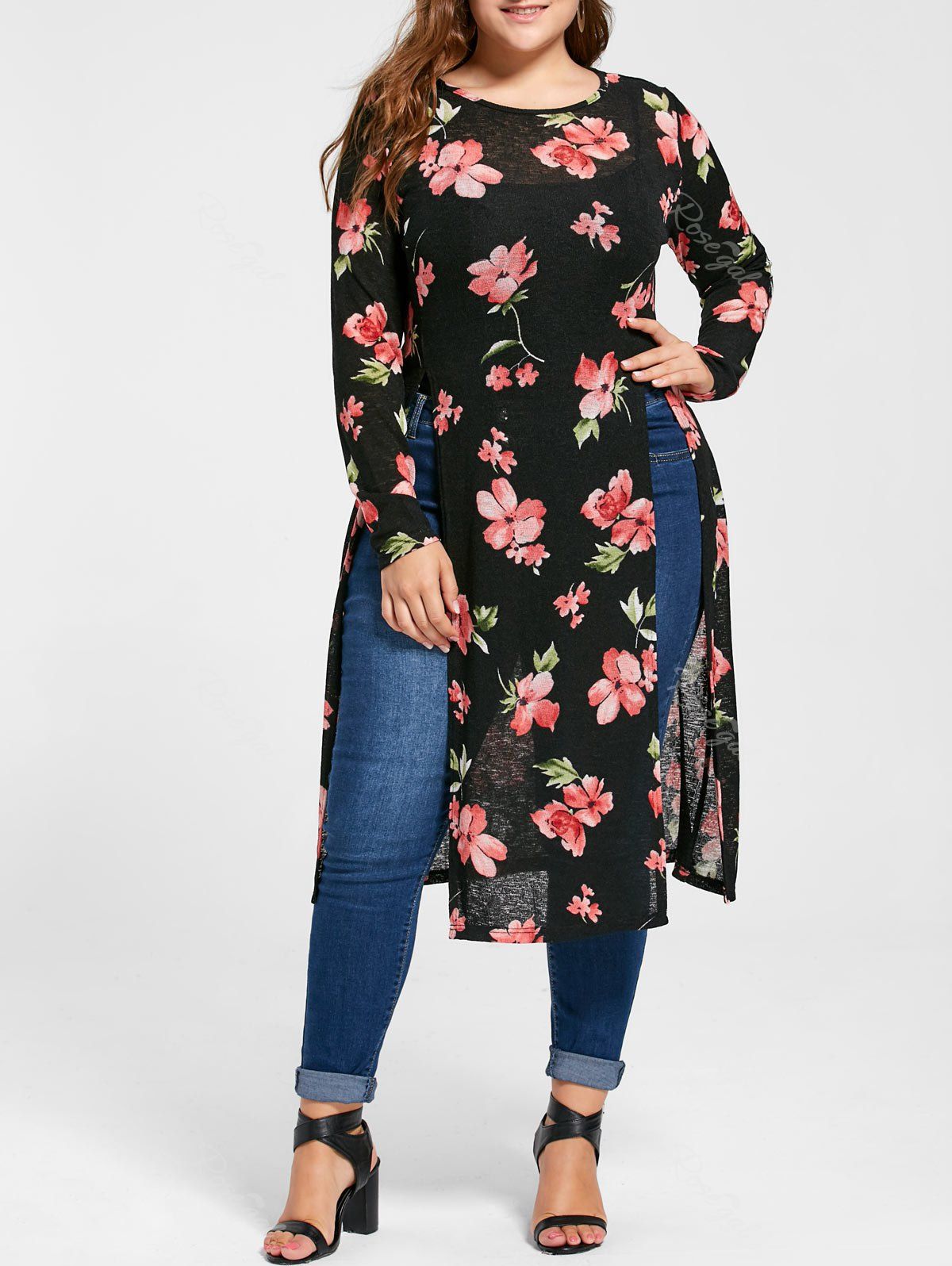 

Plus Size Floral High Slit Longline Tee, Black