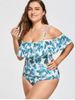 Plus Size Leaf Print Ruffle One-piece Swimsuit -  