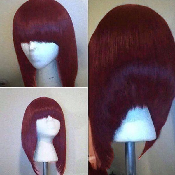

Short Neat Bang High Low Straight Bob Synthetic Wig, Wine red