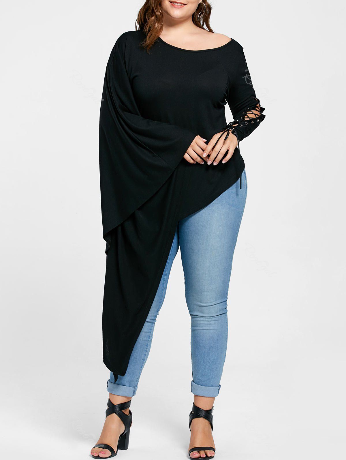 

Plus Size Lace Up Batwing Sleeve Asymmetric Top, Black