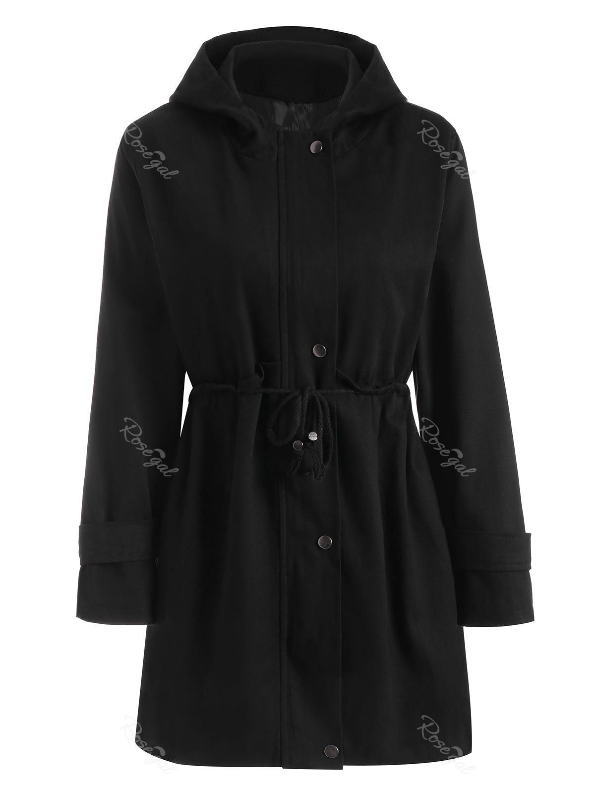 

Hooded Zipper Drawstring Waist Plus Size Coat, Black