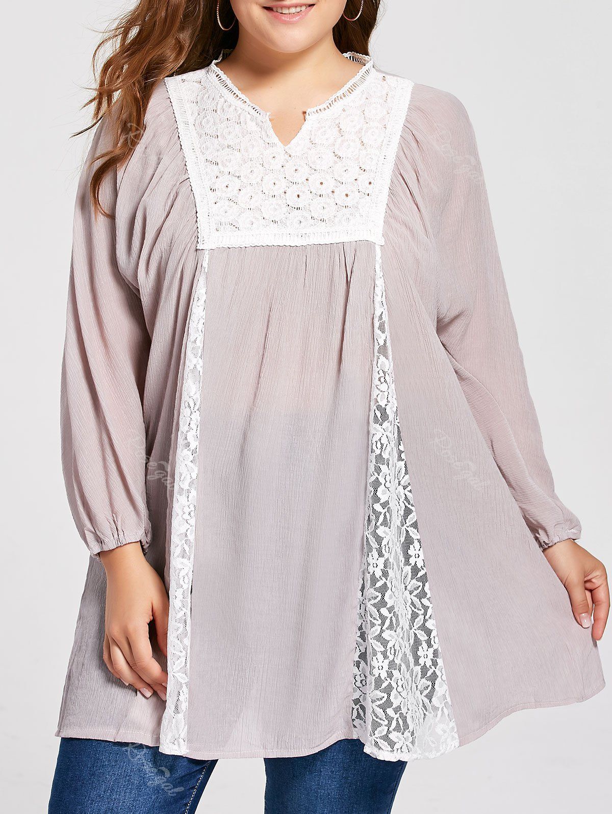 

Notched Lace Panel Pleated Plus Size Peasant Top, Pale pinkish grey
