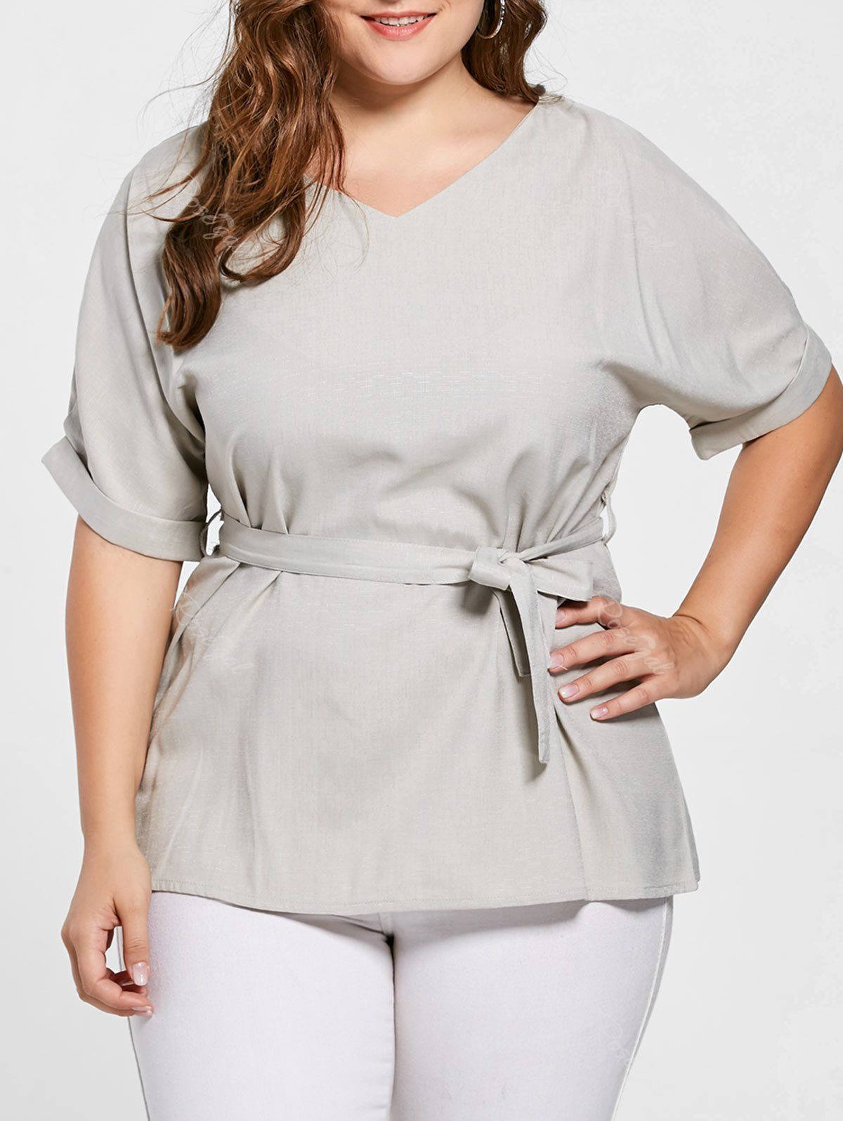 

Belted V Neck Plus Size Top, Gray