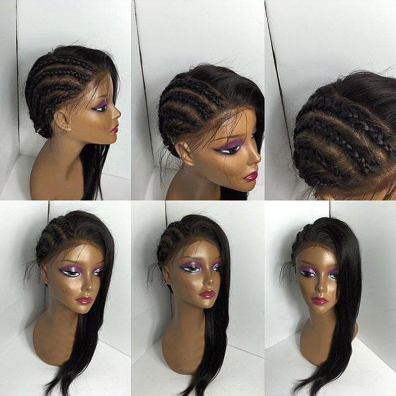 

Free Part Long Braids Straight Lace Front Human Real Hair Wig, Black