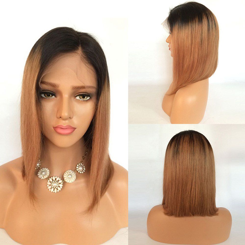 2018 Short Side Part Straight Bob Ombre Lace Front Human Hair Wig In ...