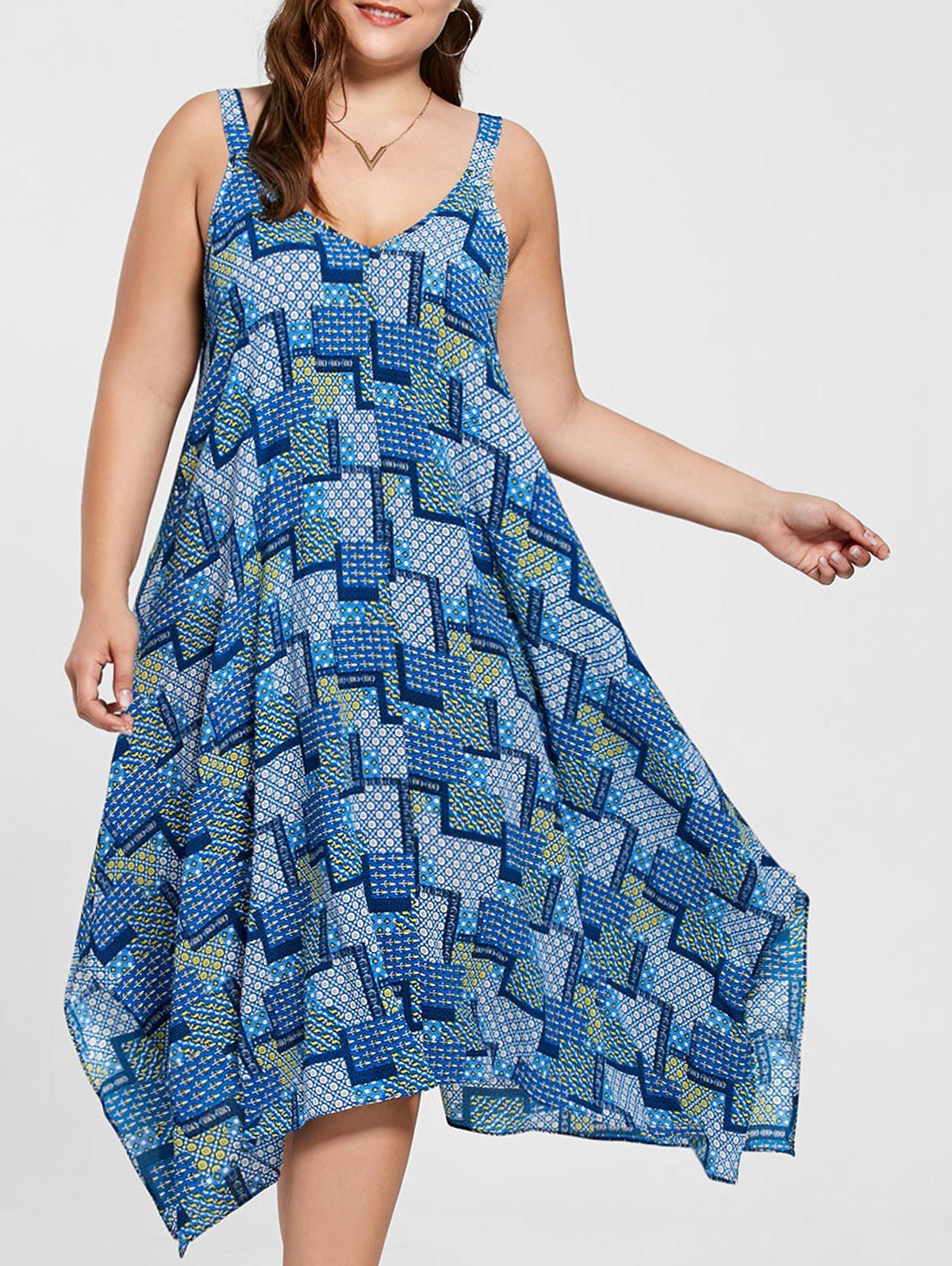 

Spaghetti Strap Geometric Printed Plus Size Handkerchief Dress, Blue