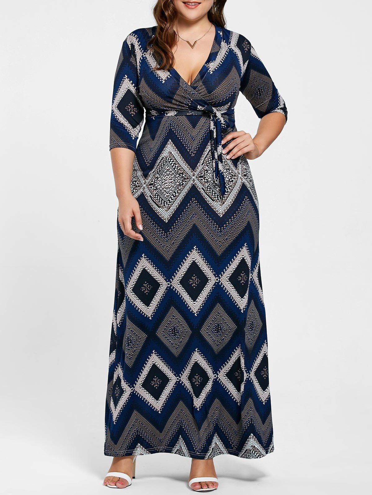 

V Neck Geometric Print Long Plus Size Dress, Purplish blue