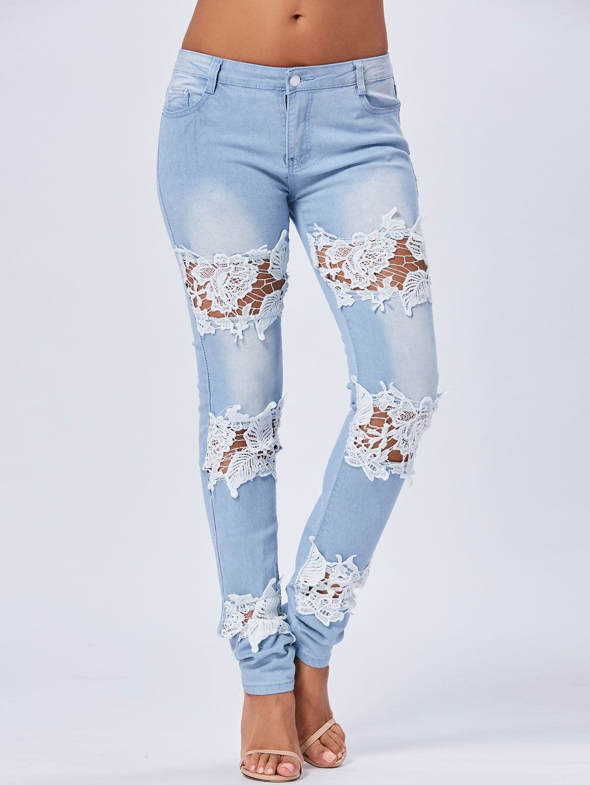 

Skinny Lace Trim Light Wash Jeans, Blue