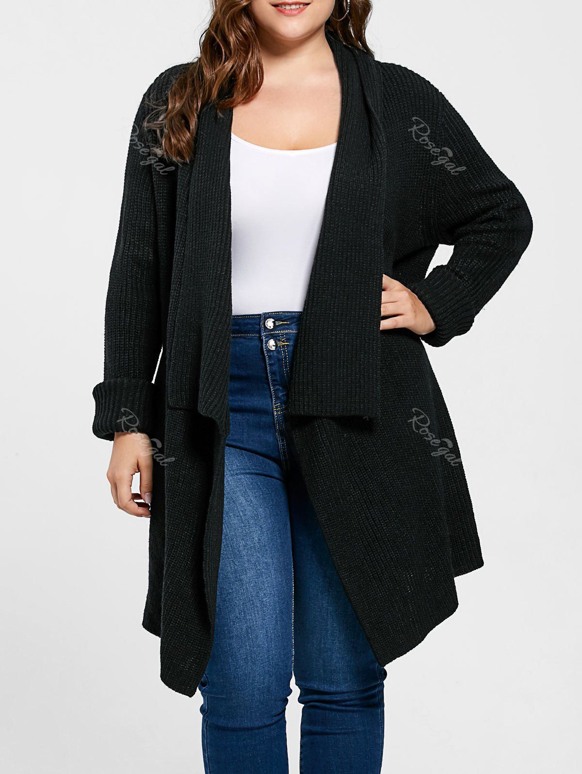 Black 5xl Plus Size Longline Ribbed Drape Cardigan | RoseGal.com