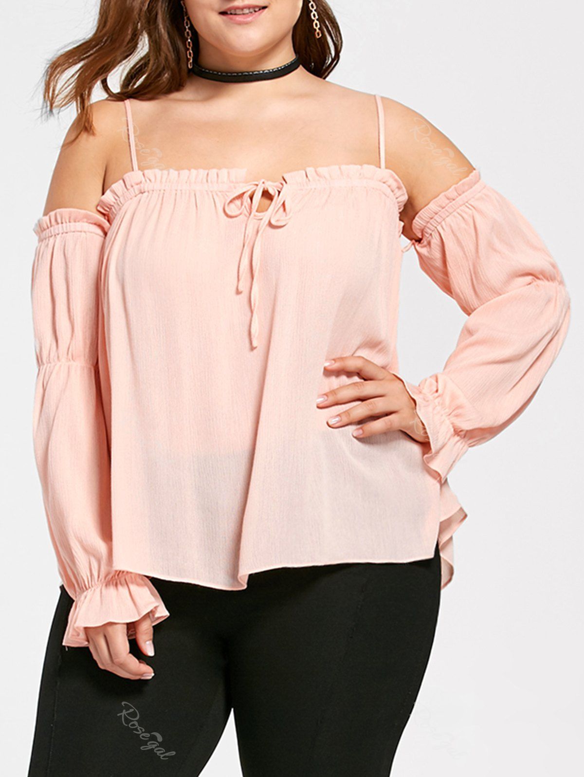 

Plus Size Flounced Dew Shoulder Blouse, Orangepink