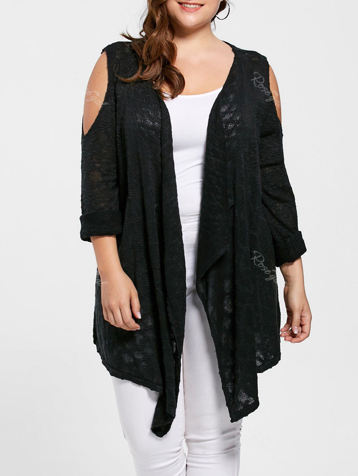 

Plus Size Open Shoulder Cardigan, Black