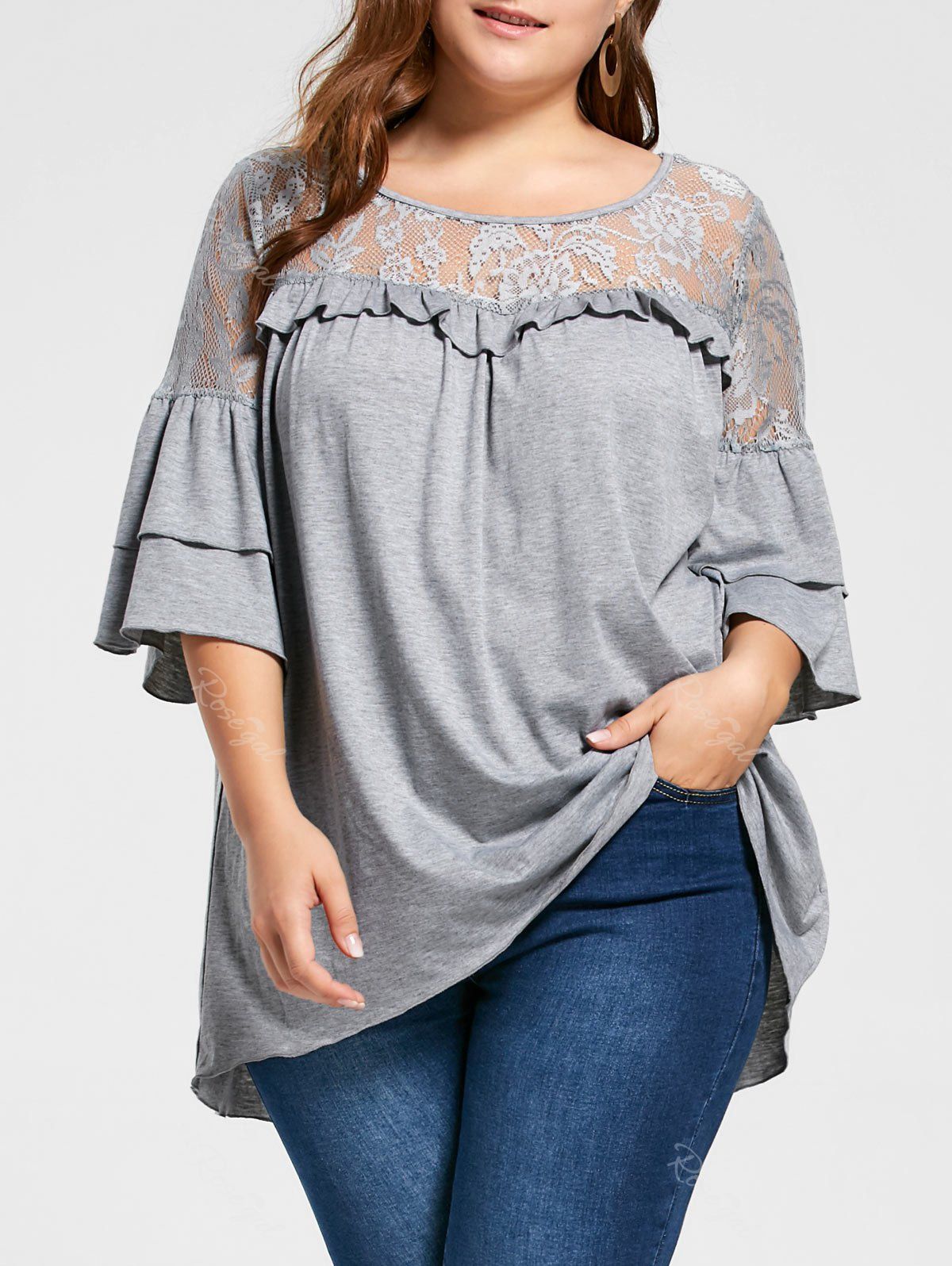 

Plus Size Lace Yoke Flounced Tunic Top, Light gray