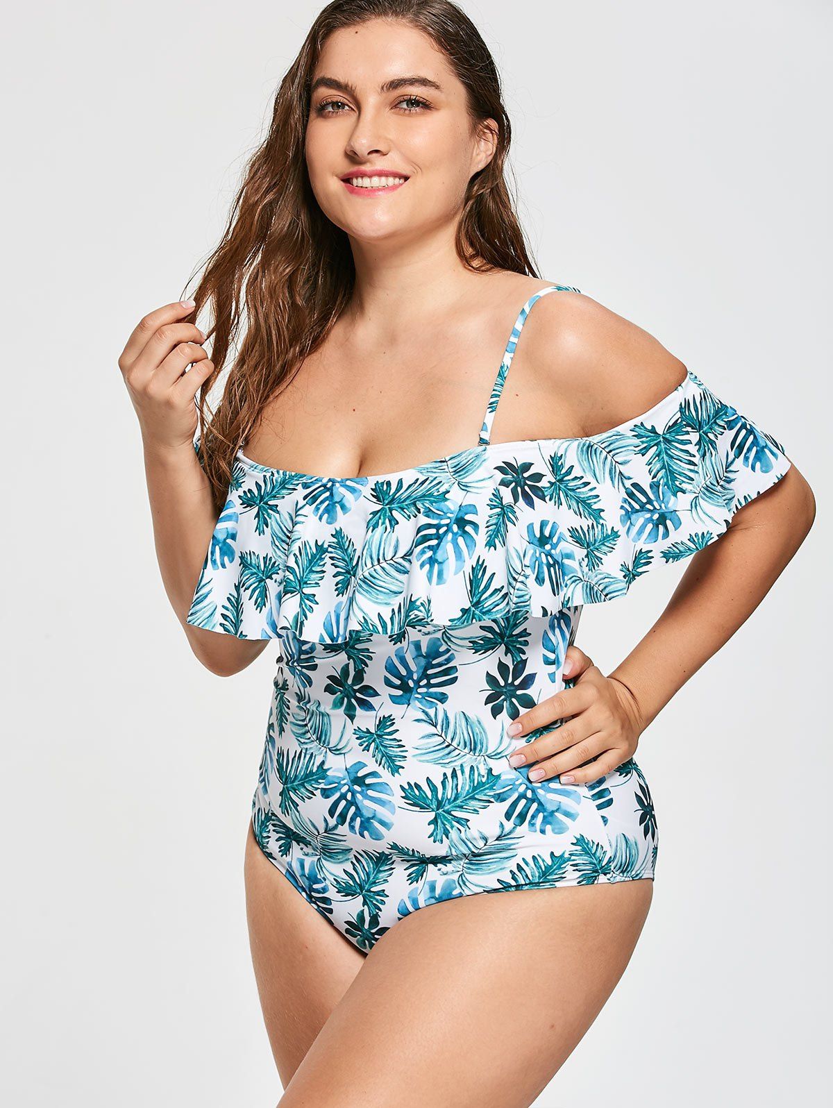 Sale Plus Size Leaf Print Ruffle One-piece Swimsuit  