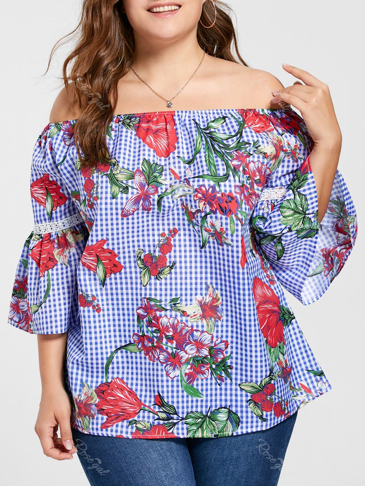 

Plus Size Floral Off The Shoulder Blouse, Blue