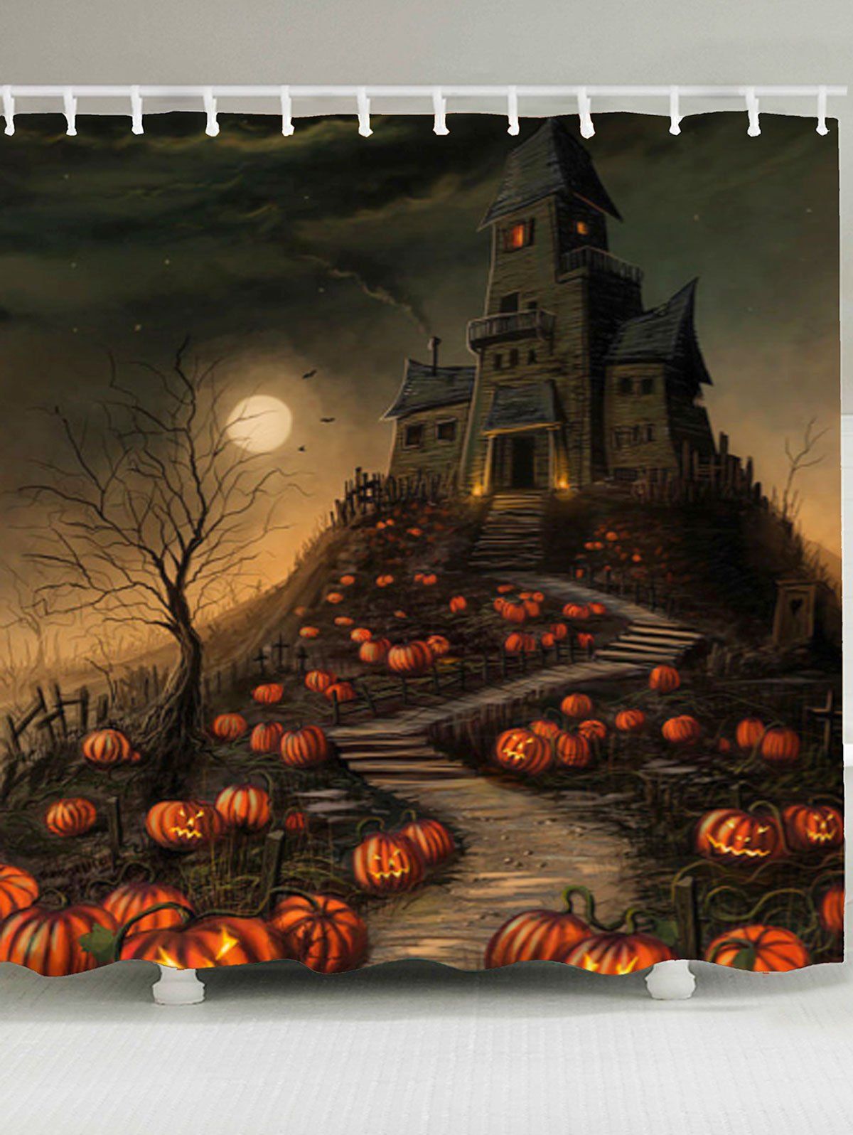 

Waterproof Halloween Pumpkin Castle Print Shower Curtain, Colorful