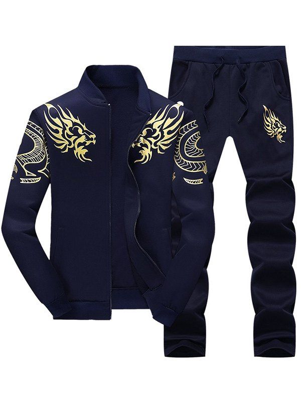 

Dragon Totem Print Jacket and Sweatpants Suit, Purplish blue