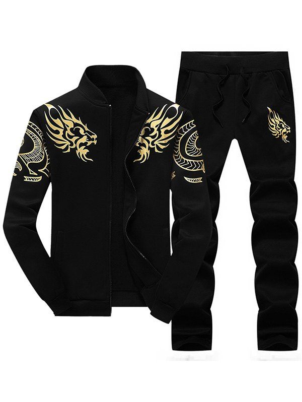 

Dragon Totem Print Jacket and Sweatpants Suit, Black