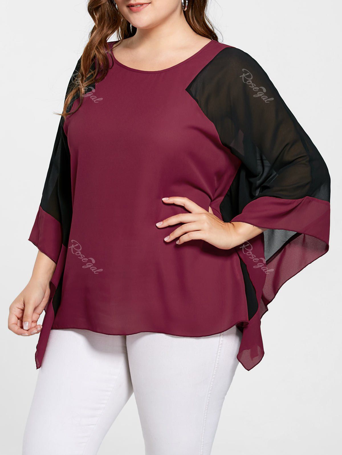 

Plus Size Batwing Sleeve Two Tone Blouse, Red with black