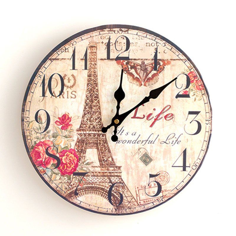 [80% OFF] Eiffel Tower Wood Round Analog Wall Clock | Rosegal