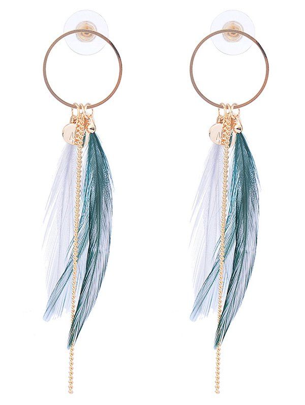 

Natural Feather Link Chain Circle Drop Earrings, White and green