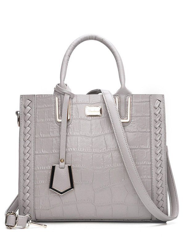 

Textured Leather Weave Tote Bag, Gray