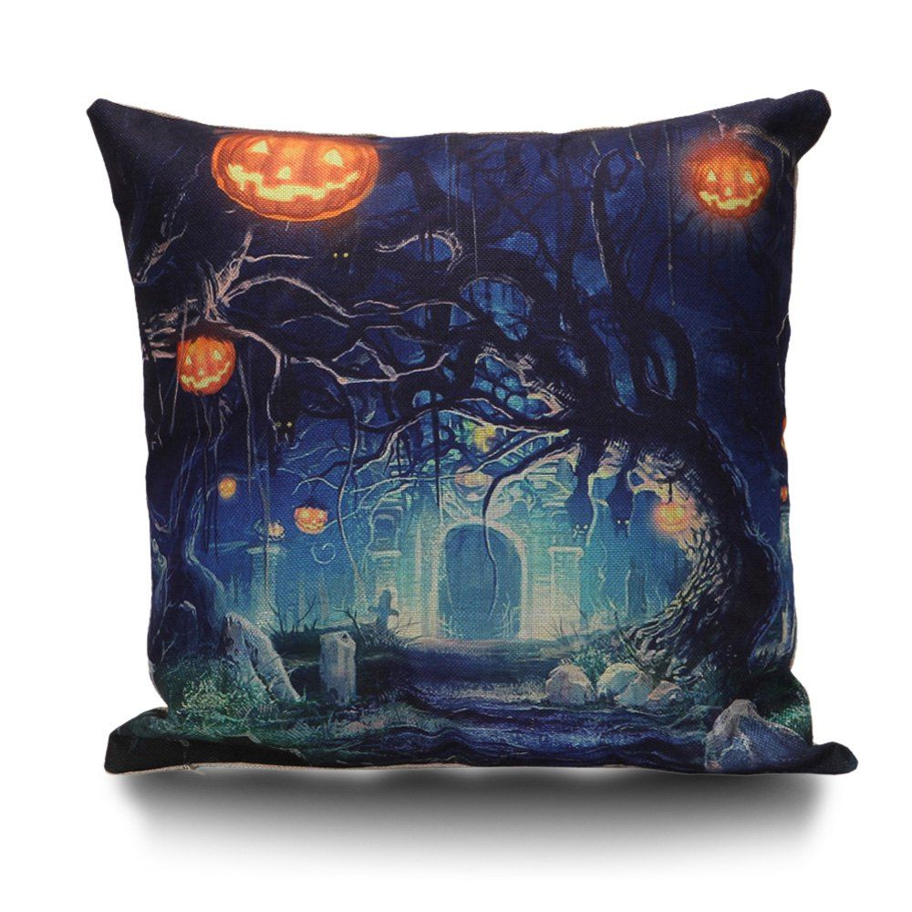 

Halloween Trees Pumpkin Decorative Linen Sofa Pillowcase, Deep blue