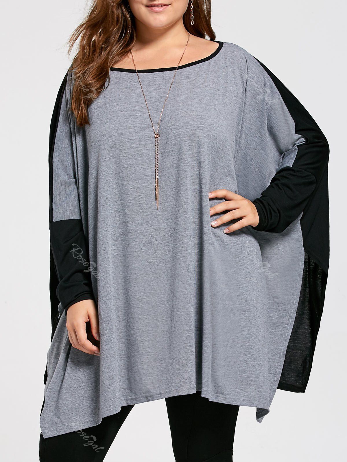 [24% OFF] Color Block Plus Size Long Sleeve Poncho T-shirt | Rosegal